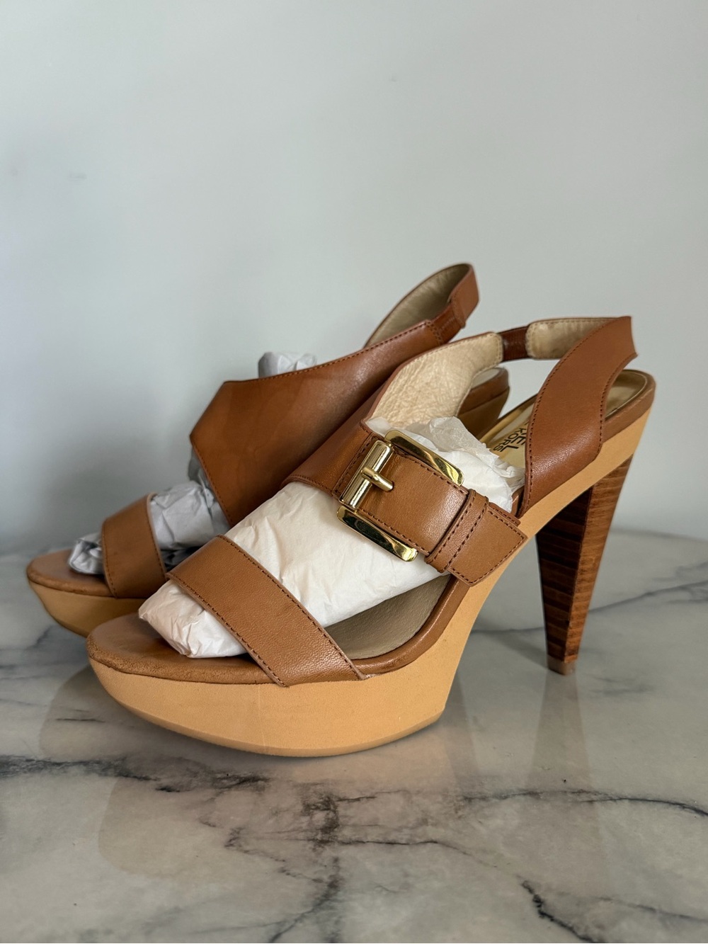 Michael Kors Cognac Leather Platform Slingback Heels with Gold Buckle